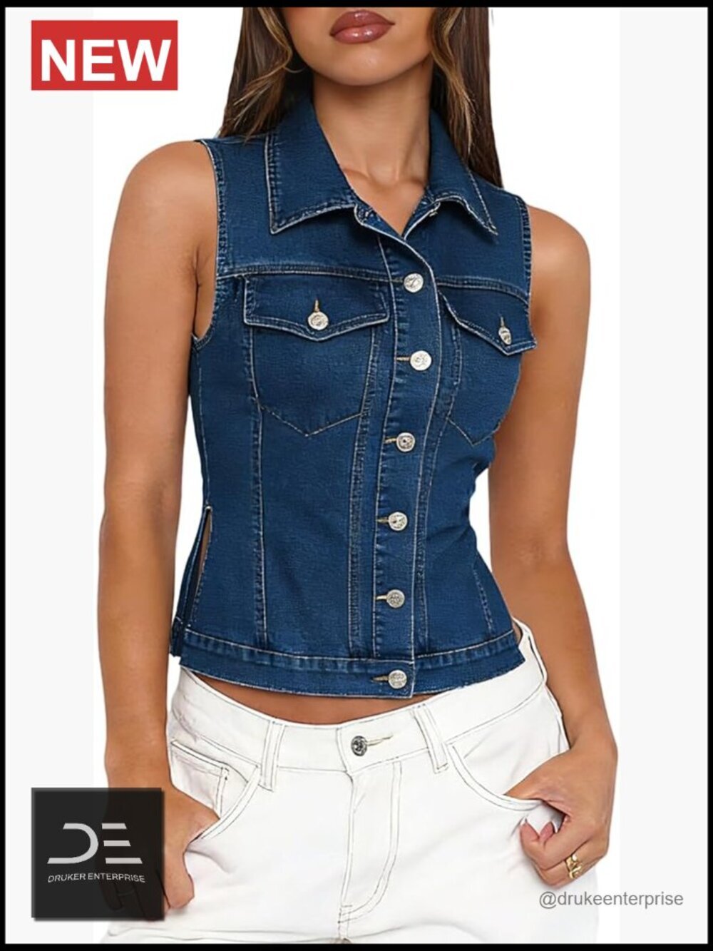Slim Fit Denim Vest Sleeveless Button Down Jean Vest with Pocket